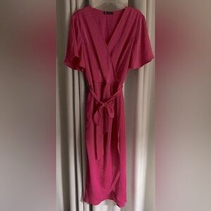 Pretty Garden Women’s Bright Pink Satin-Feel Wrap Dress, Kimono Sleeves; Size XL